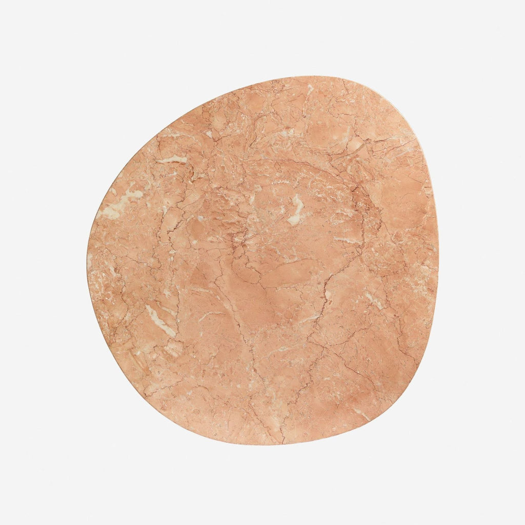 2. Organic-shaped marble coffee table top from above, showing natural peach patterns and smooth finish.  