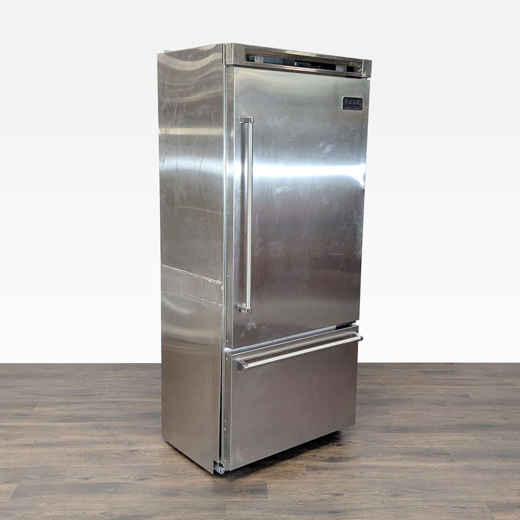 Angled view of a Viking Professional fridge, highlighting its sleek stainless steel finish and modern design.