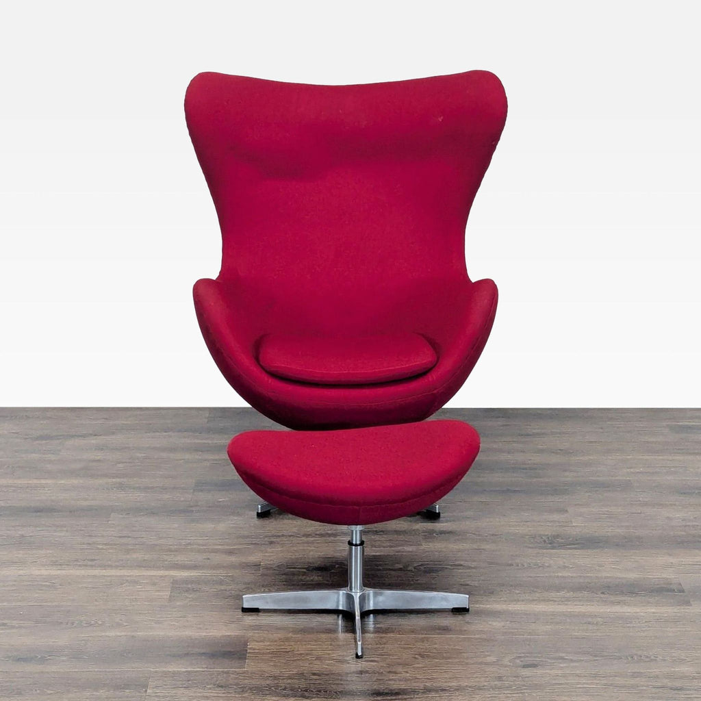 1. Modern red lounge chair and ottoman with high back and metal swivel base, perfect for relaxing in style.
