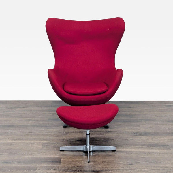 1. Modern red lounge chair and ottoman with high back and metal swivel base, perfect for relaxing in style.