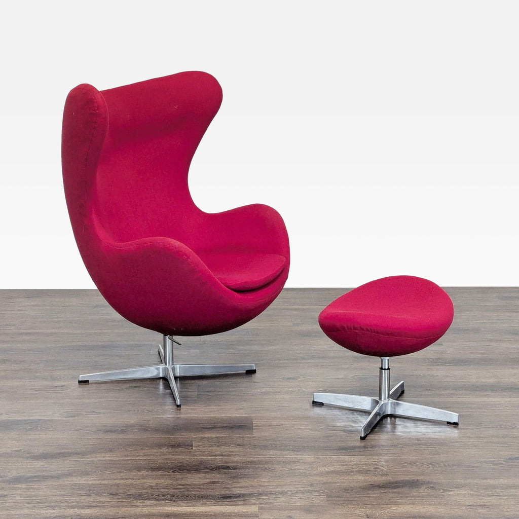 Modern Red Lounge Chair with Ottoman Set - Swivel Base
