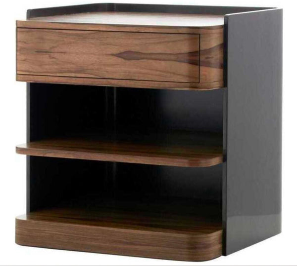 1. Modern Arteriors Home side table with ofram veneer, gray finish, press-to-open drawer, and two open shelves.