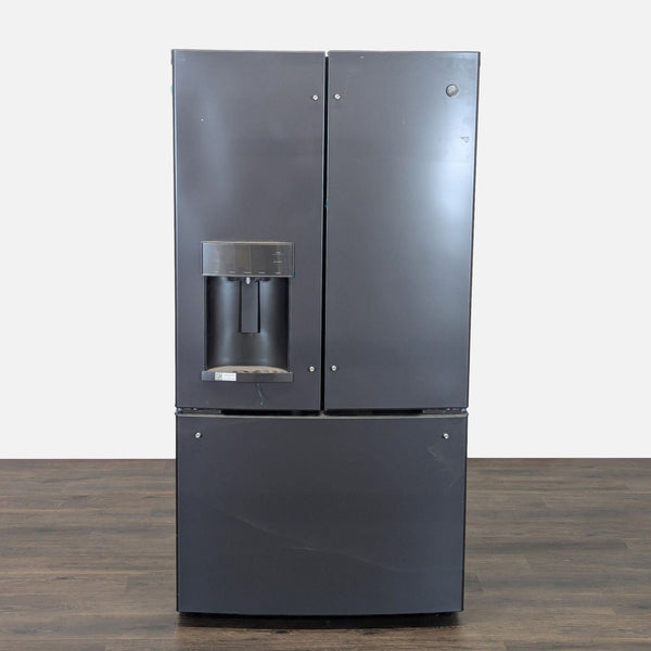 1. Front view of a GE French door refrigerator with bottom freezer, stainless steel finish, and water dispenser.