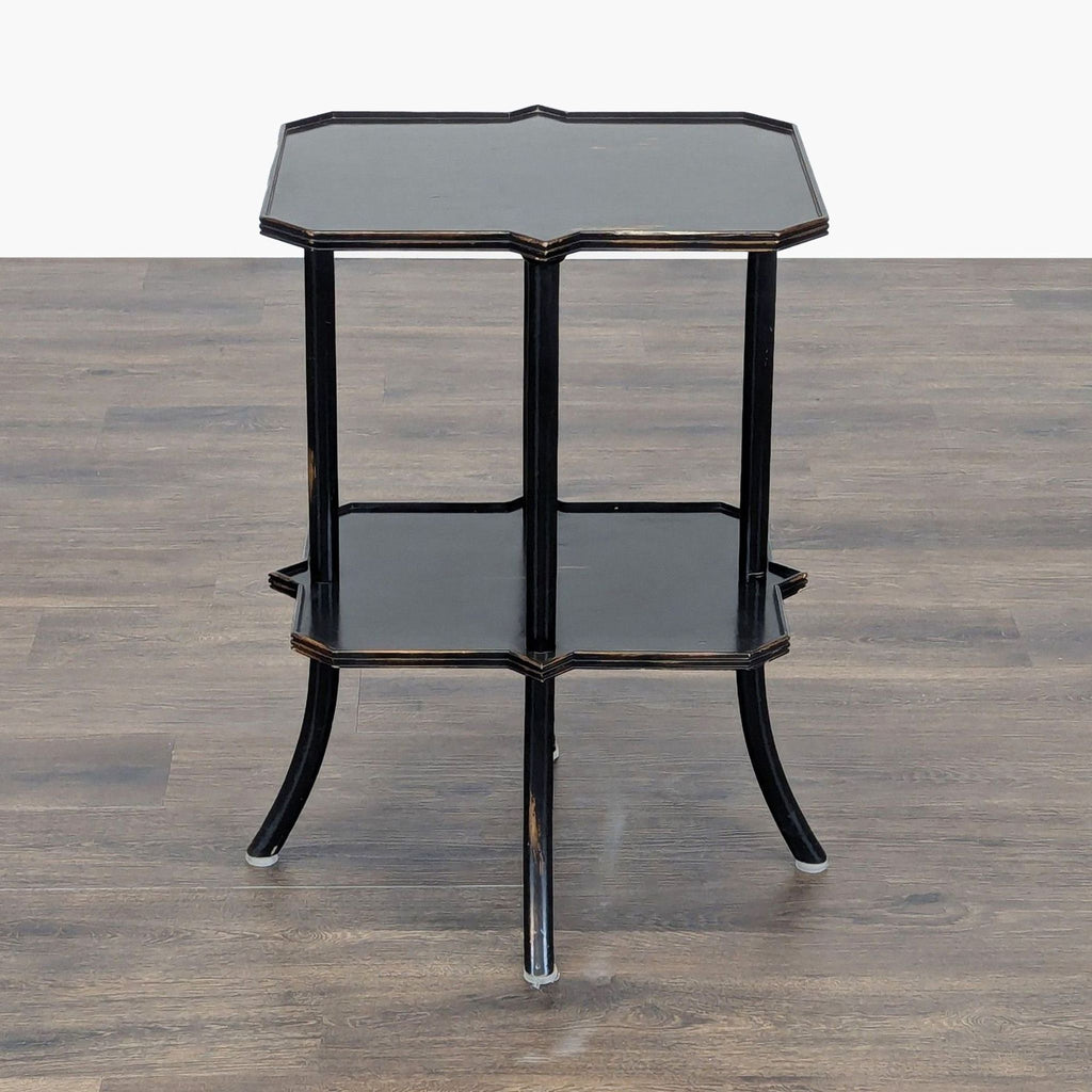 2. Reperch side and console table featuring two hexagonal black shelves and four splayed legs.