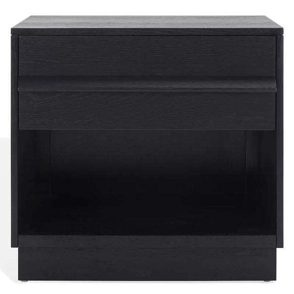 1. Safavieh Deirdra black wood end table with one drawer and open shelf, oak veneer finish, front view.