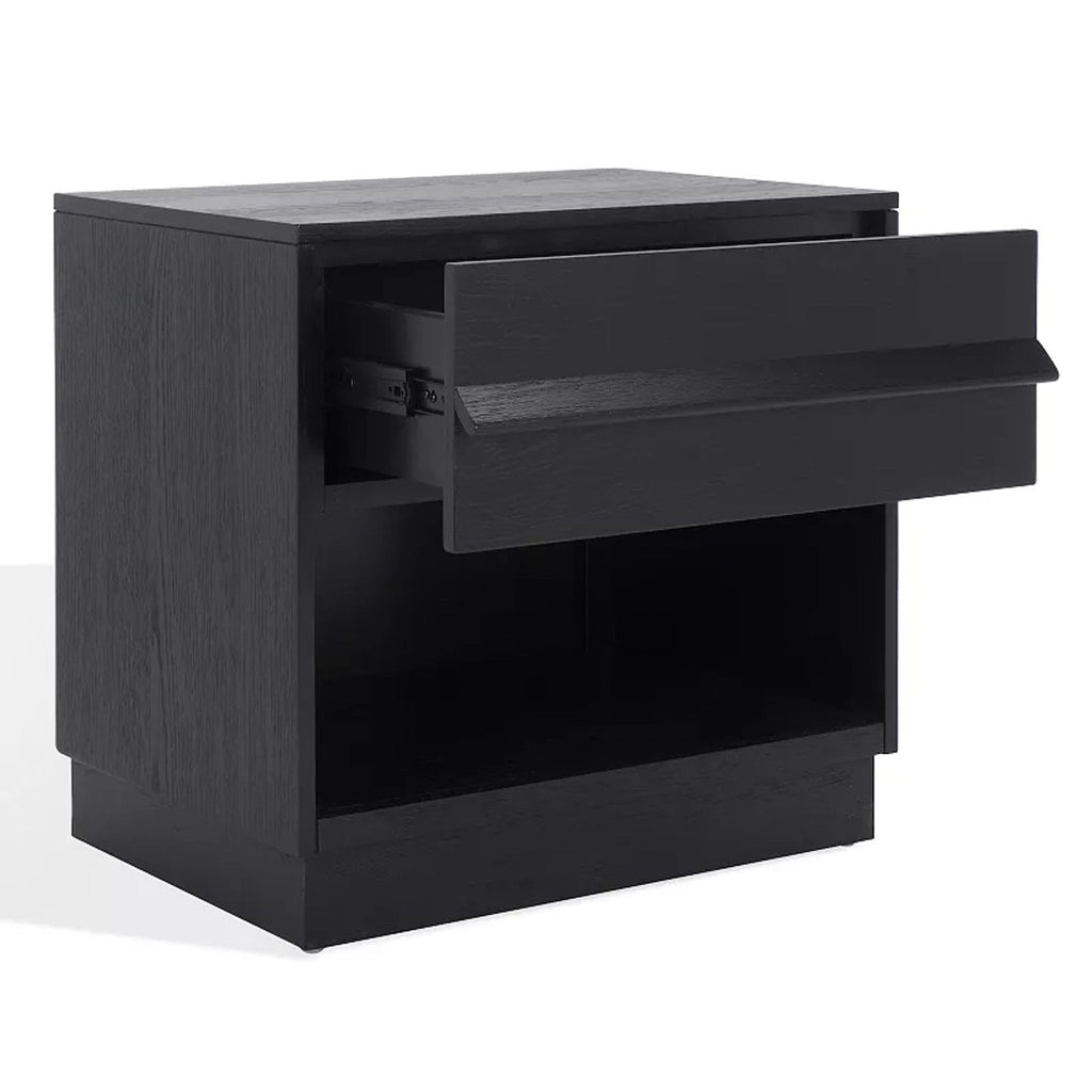 2. Safavieh Deirdra end table in black wood, angled side view with drawer partially open, oak veneer detail.