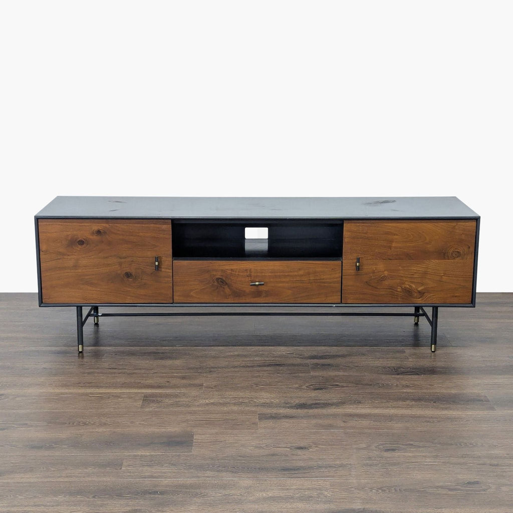 1. Modern walnut entertainment center by West Elm with metal legs and antiqued bronze hardware, closed storage and shelving.