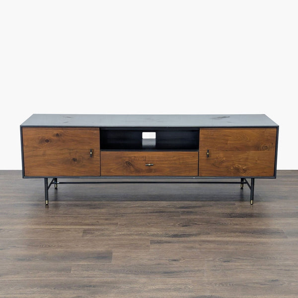 1. Modern walnut entertainment center by West Elm with metal legs and antiqued bronze hardware, closed storage and shelving.