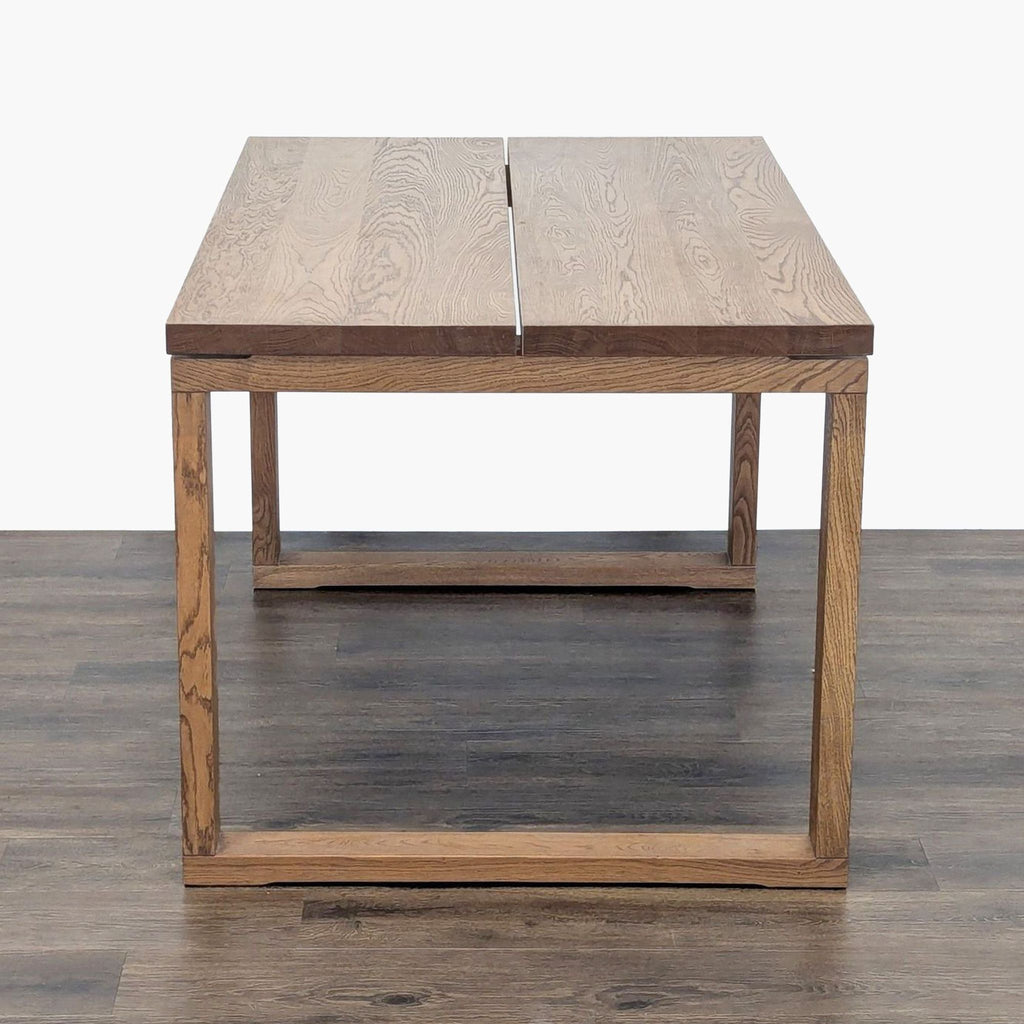 2. Rectangular IKEA dining table in oak veneer, shown from the end, highlighting the plank split detail.