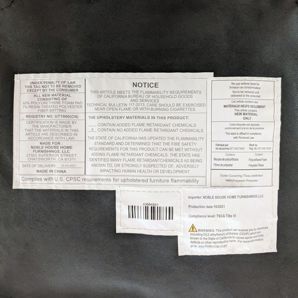 2. Close-up of product label for a Noble House Home stool, showing material and flammability compliance information.