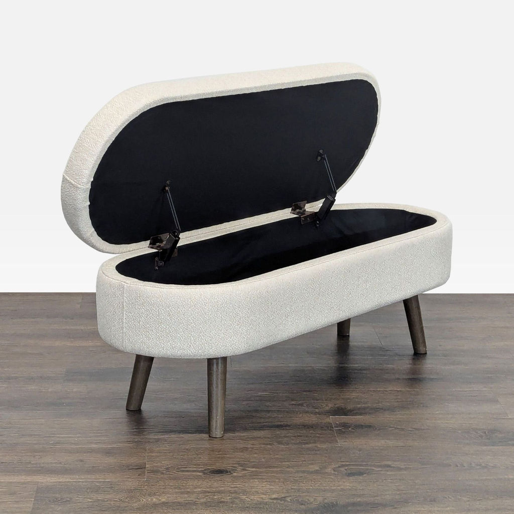 2. Storage bench from Walmart, upholstered in beige fabric, shown with its cushioned lid open to reveal interior space.