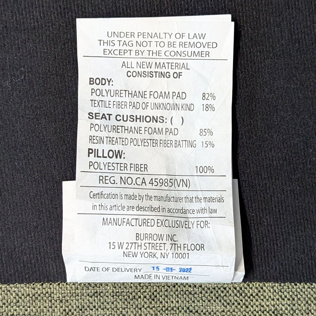 3. Furniture tag showing material composition and manufacturing info for a Burrow sectional sofa.
