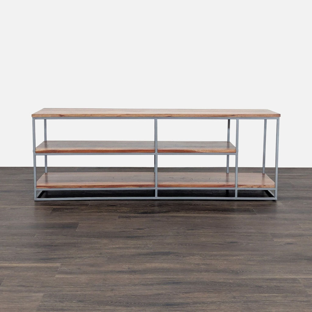 1. Three-tier entertainment center with iron frame and acacia wood shelves, displaying natural wood grain and knots.