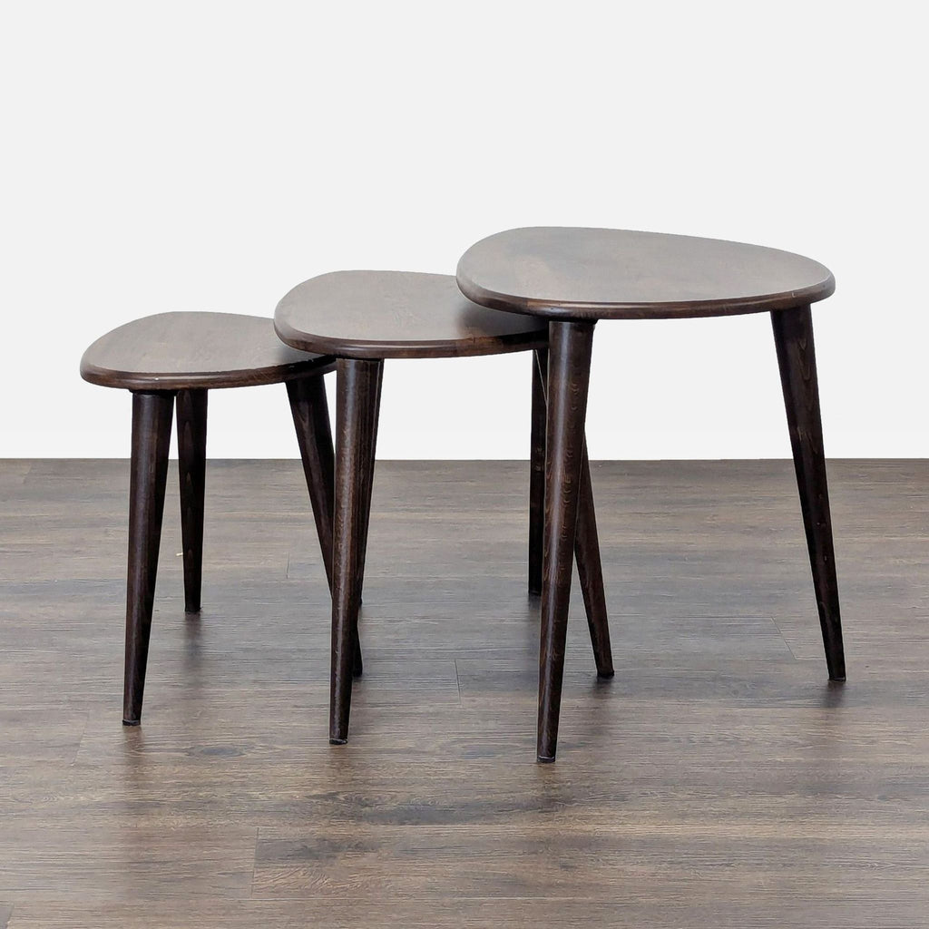 3. Trio of Reperch side & console tables, good condition, dark wood, shown slightly stacked on wood floor.