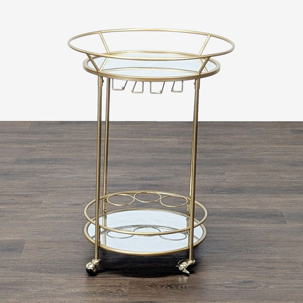 1. Reperch gold round bar cart with glass shelves, wine glass holders, and bottle storage on castor wheels.  