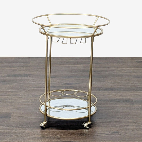 1. Reperch gold round bar cart with glass shelves, wine glass holders, and bottle storage on castor wheels.  