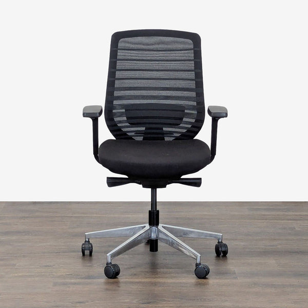 Front view of a Branch office chair with mesh back, cushioned seat, and adjustable armrests for ergonomic support.