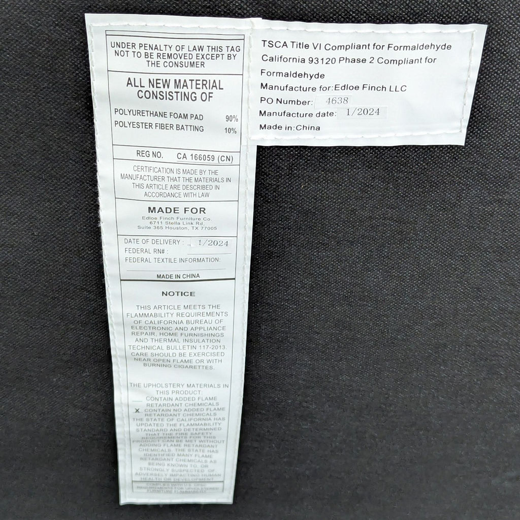 Product label on Edloe Finch lounge furniture listing material contents, safety compliance, and manufacture details.