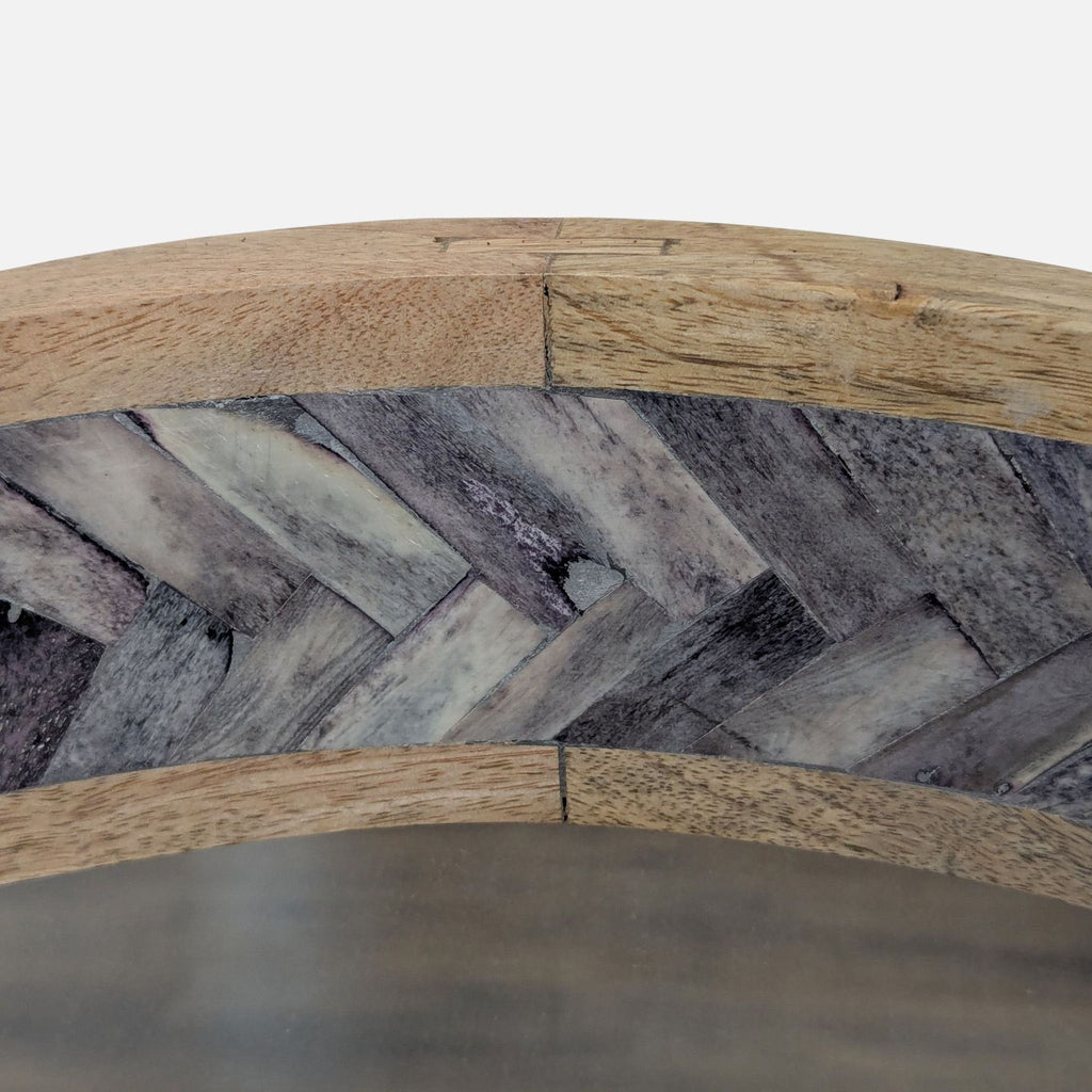 Round Wood Mirror with Herringbone Pattern Inlay