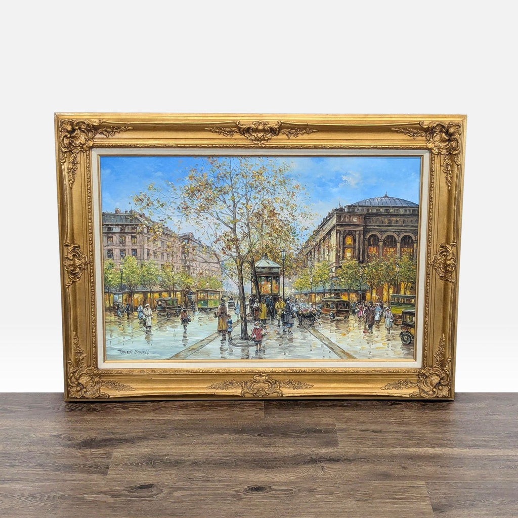 1. Framed cityscape painting by Peter Bunell of a lively street with people, old cars, and colorful buildings.