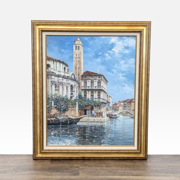Framed oil painting of a Venice canal with detailed architecture and water reflections, ideal for art lovers.