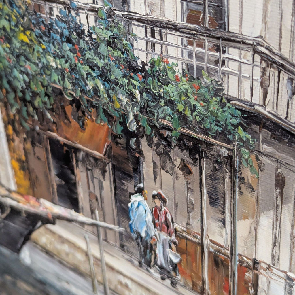 Detail view of painted figures and lush greenery along a canal, showcasing Bunell’s vibrant brushwork and scene liveliness.