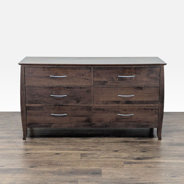 1. Front view of a Baronet dresser with six dark maple wood drawers and modern metal handles.