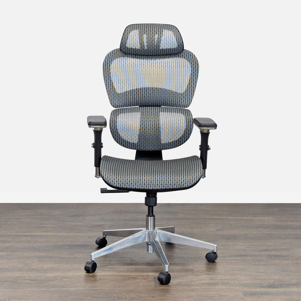 Front view of OFM ergonomic office chair with mesh back, adjustable headrest, armrests, and metal base on casters.