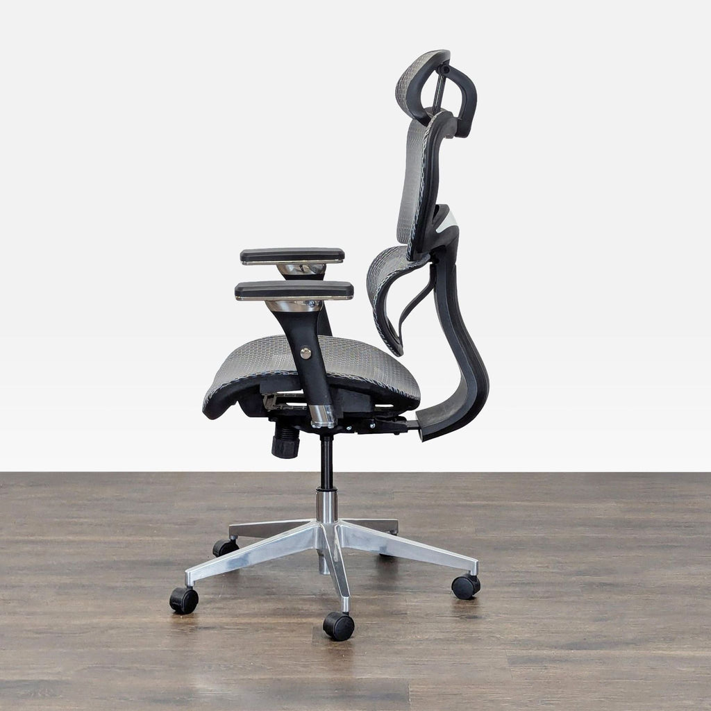 1. Side view of a Reperch ergonomic office chair with mesh seat, armrests, and adjustable backrest.