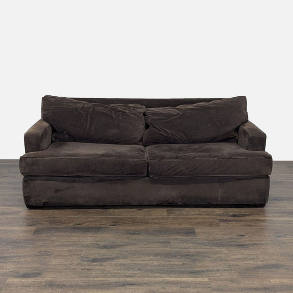 1. Macy’s 3-seat sofa with dark brown fabric, plush removable cushions, and wide, sturdy arms shown from the front.