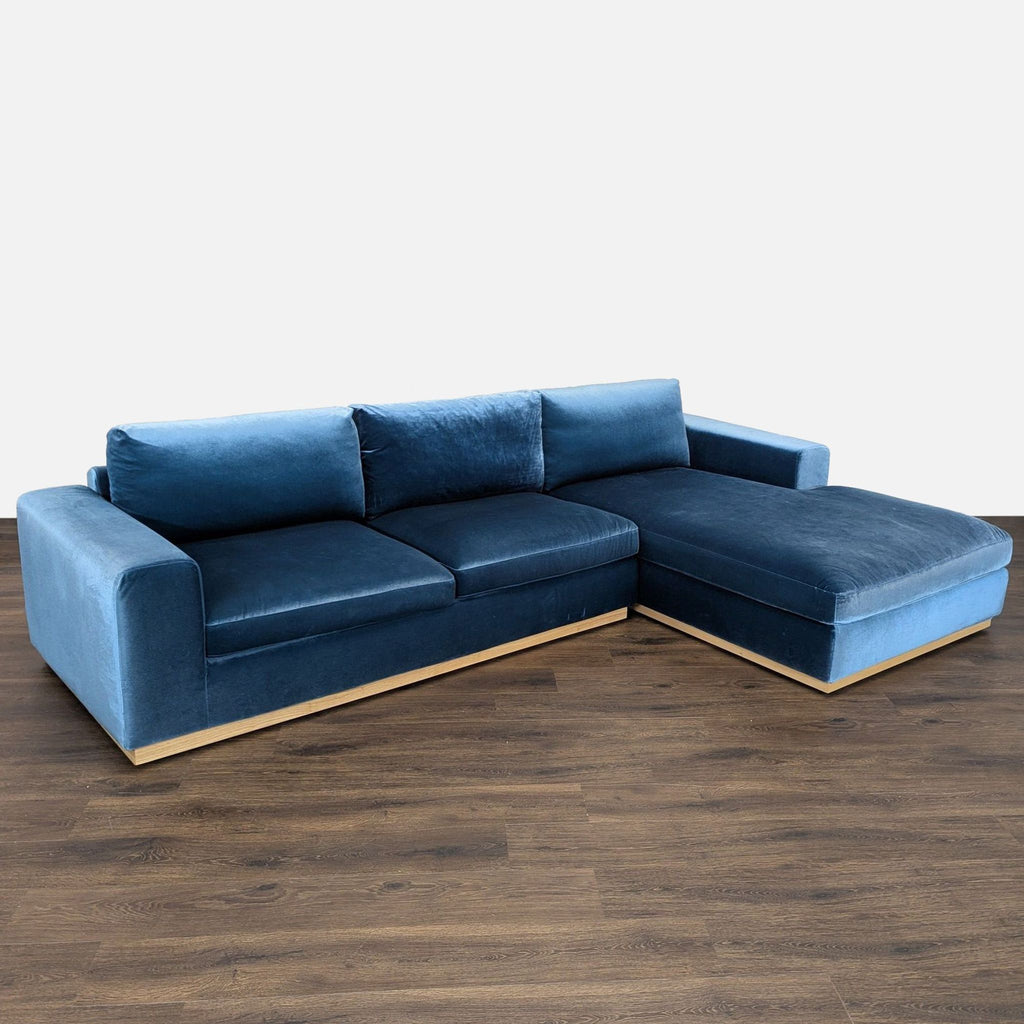 Rove Concepts Noah Blue Velvet Sectional Sofa with Light Wood Base
