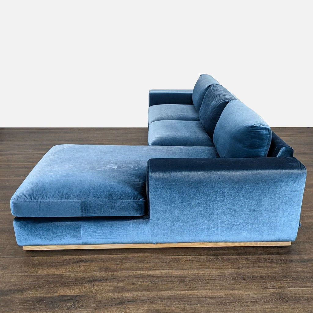 Rove Concepts Noah Blue Velvet Sectional Sofa with Light Wood Base