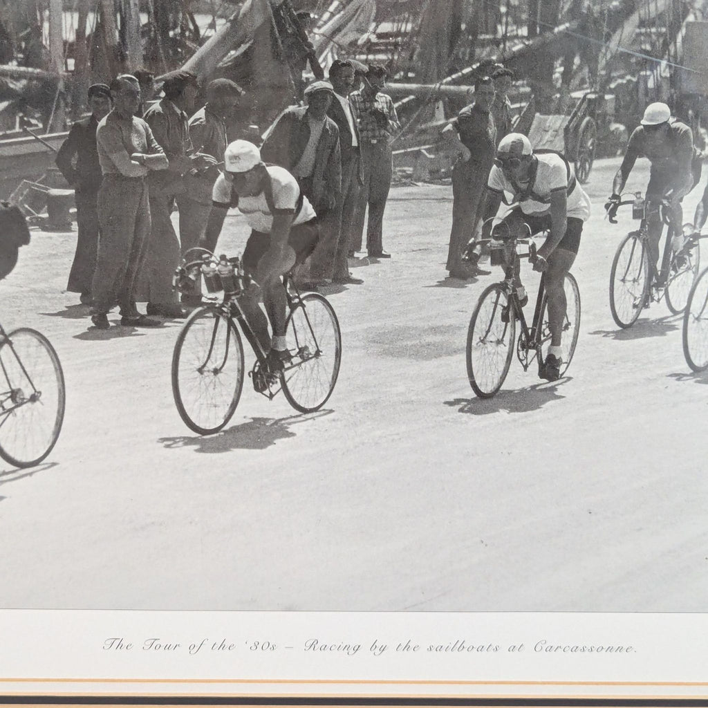 2. Close-up of classic black and white photo with cyclists racing, spectators, and the caption: "The Tour of the '30s."  