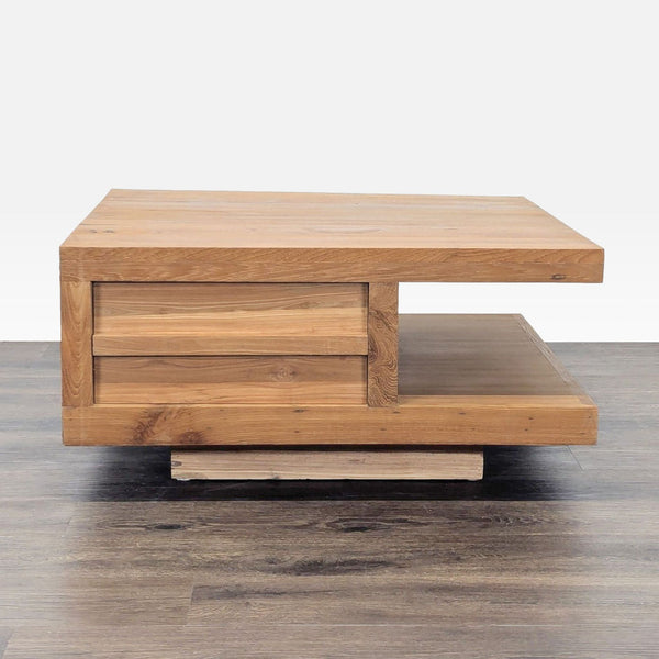 1. Modern Reperch coffee table with minimalist block design, natural wood finish, and built-in shelf for storage.