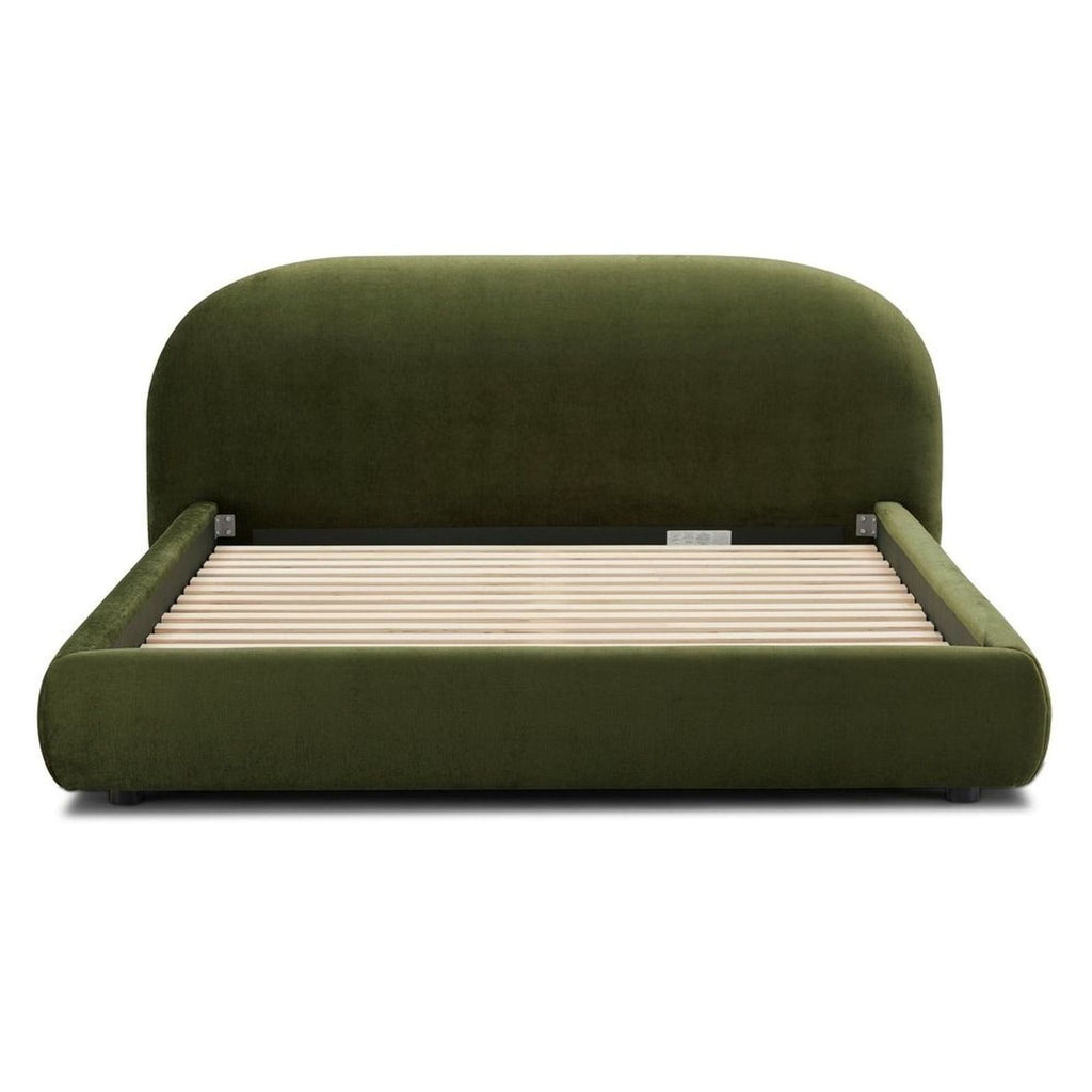 Poly and Bark green velvet queen bed frame with rounded headboard and low profile, viewed from the front.