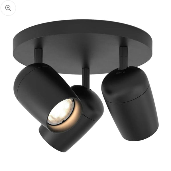 Modern black ceiling spotlight with three adjustable lights, ideal for targeted home or office lighting.