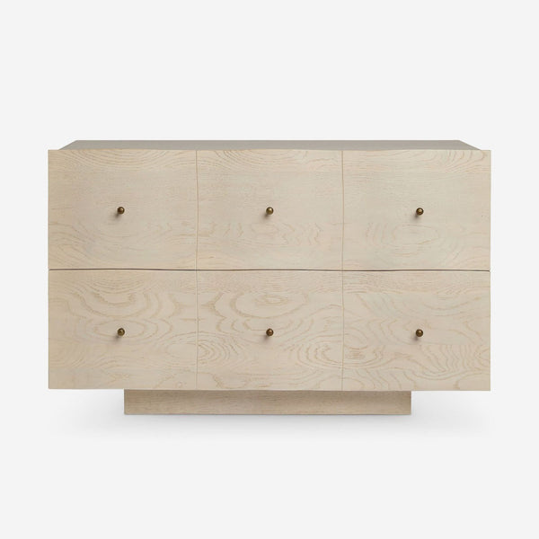 Light wood end table by Lulu and Georgia with six small brass knobs, modern minimalist style.  