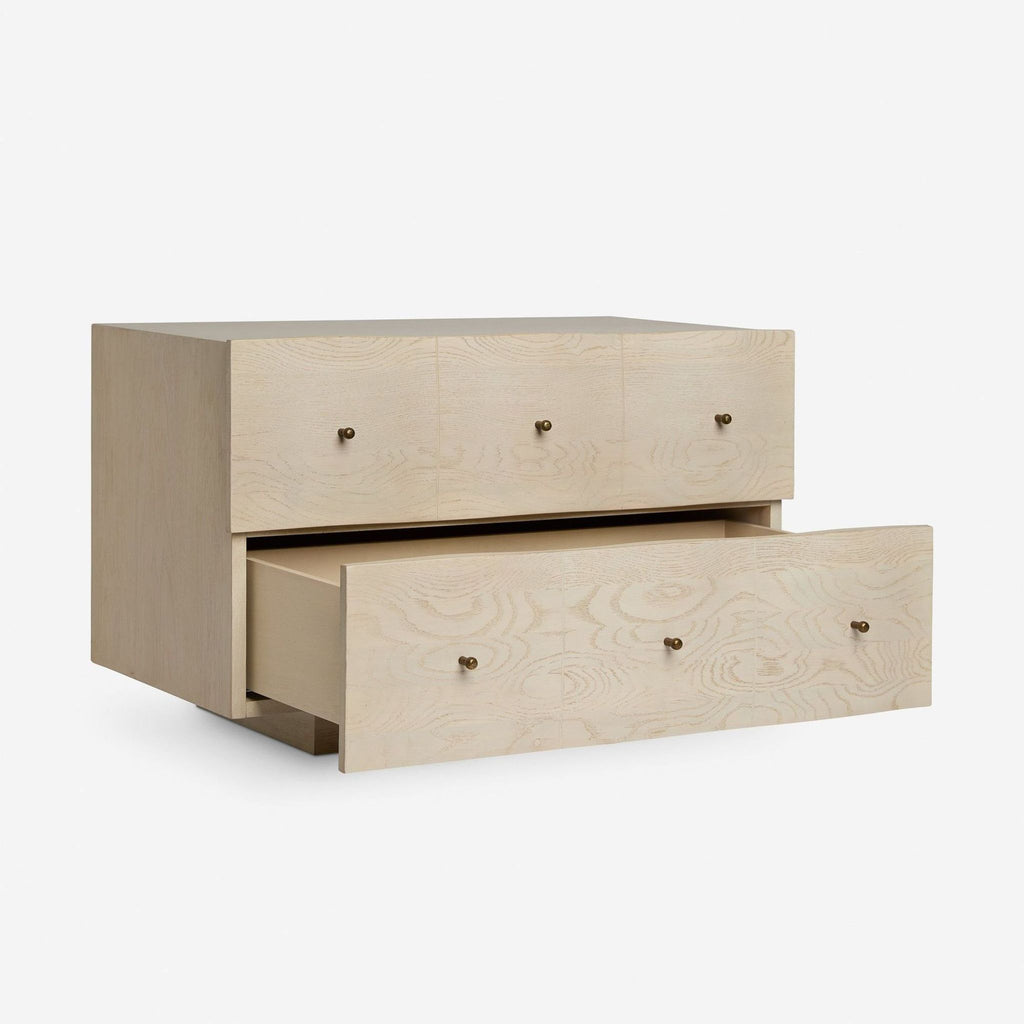 Lulu and Georgia end table in light wood finish, featuring two large drawers and brass knob handles.  