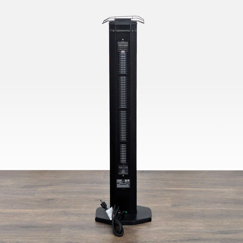 3. Rear view of the Haimmy tower heater, displaying vented back panel and power cord, branded for heating needs.