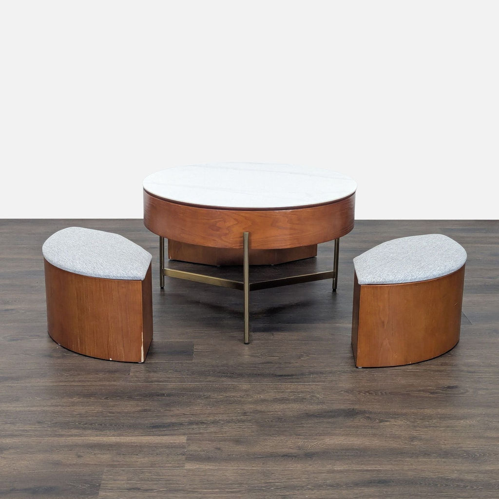1. Reperch coffee table set with round white marble top and two curved wooden storage benches with gray cushions.