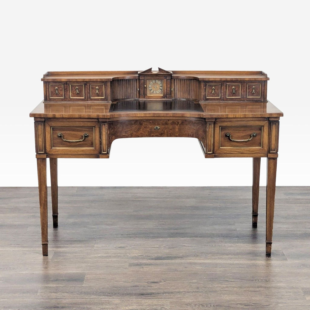 1. Classic wooden Reperch desk with multiple drawers, built-in clock, and elegant legs, perfect for home or office.  