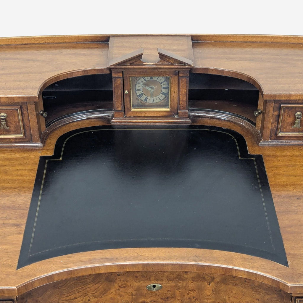 Vintage Wooden Desk with Drawers and Built-in Clock