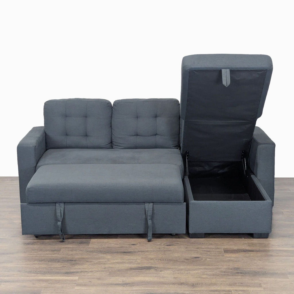 3. Sleeper sofa by Ana Furniture with open chaise storage compartment, modern dark gray tufted upholstery.