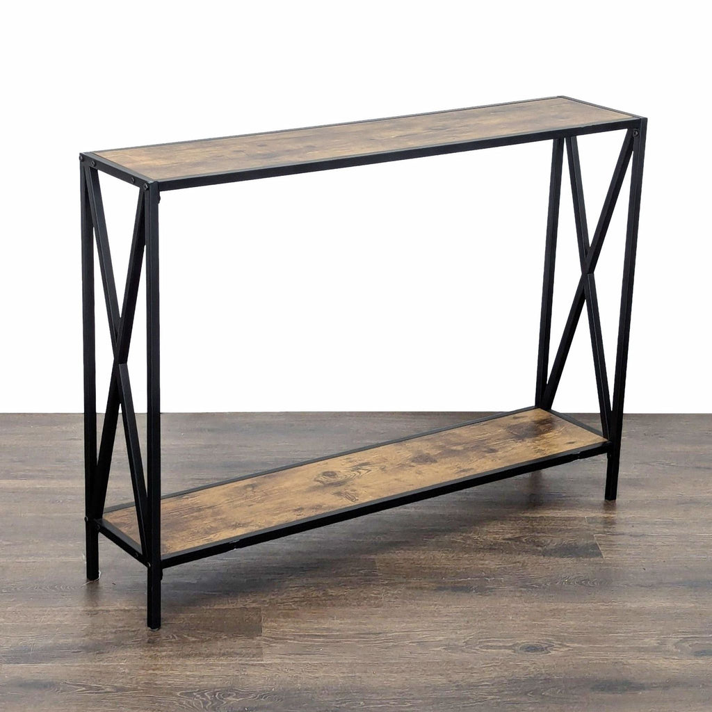 1. Industrial-style Reperch side table with black metal frame and two wood-finish tiers, shown on wooden floor.