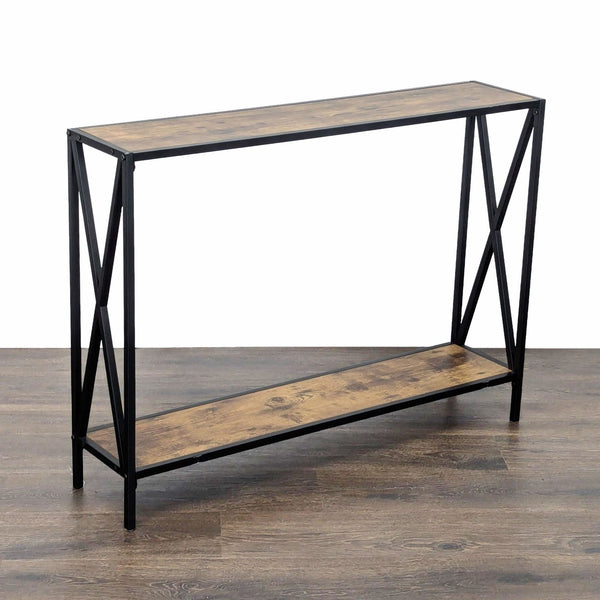 1. Industrial-style Reperch side table with black metal frame and two wood-finish tiers, shown on wooden floor.