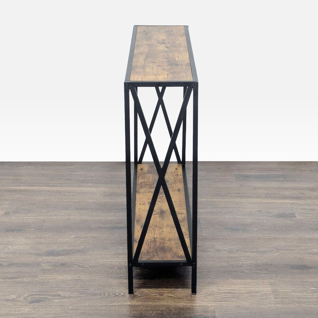 2. Narrow Reperch console table with rustic wood shelves and black X-frame metal sides, viewed from the short end.