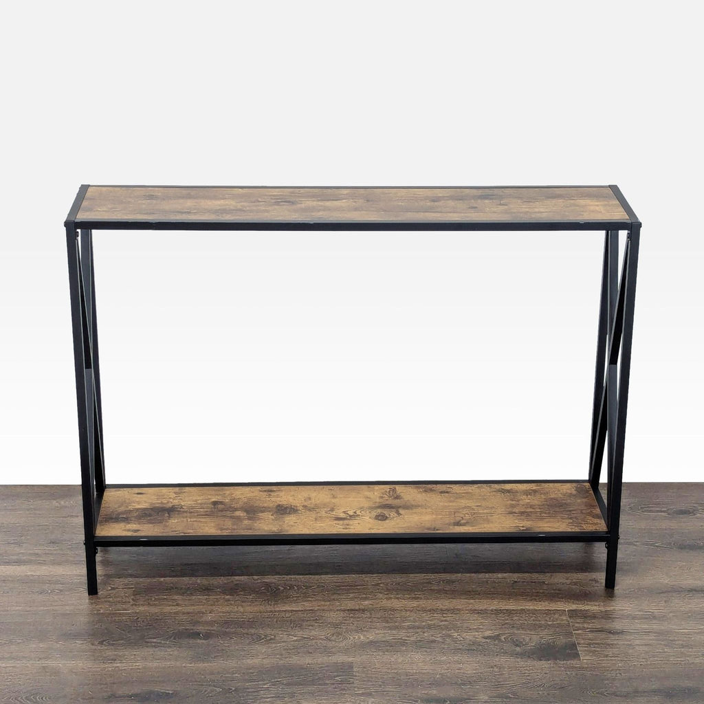 3. Rectangular Reperch side and console table, featuring two wood shelves and black metal frame, viewed from above.