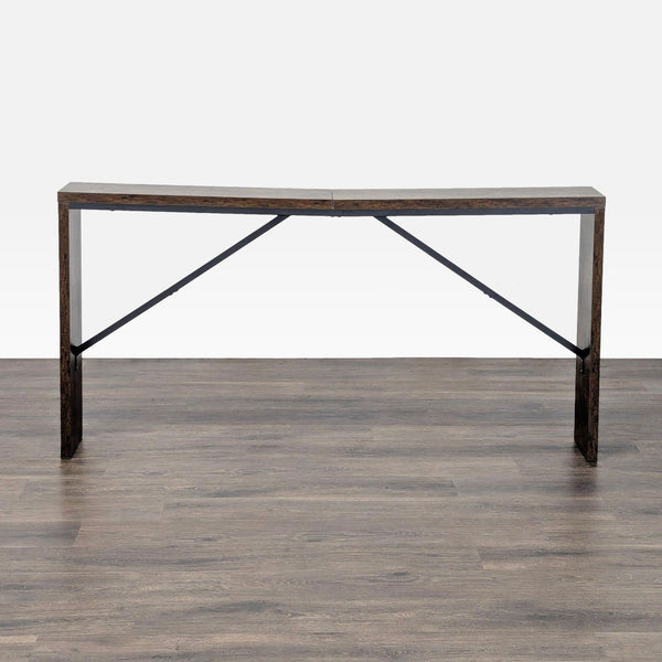 1. Reperch side & console table with a dark wood finish and metal supports, viewed from the front on wood flooring.