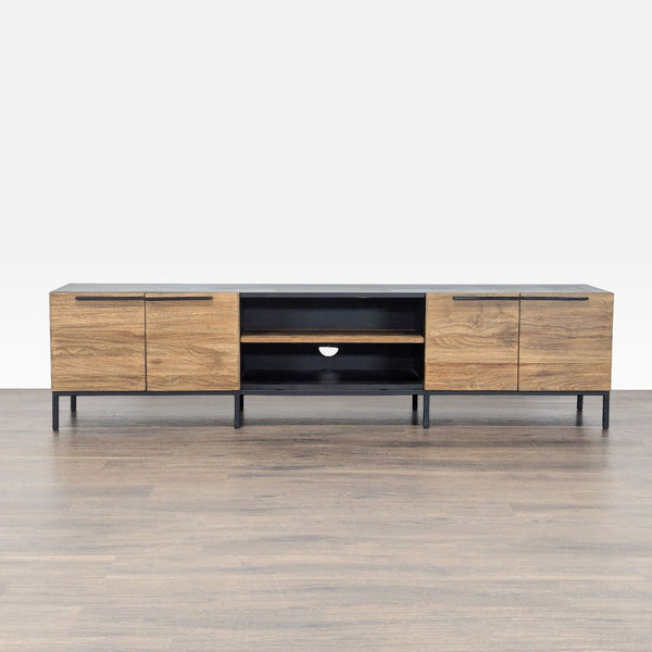 1. Crate & Barrel entertainment center with solid teak doors, shelves, and black steel tube base, front view.