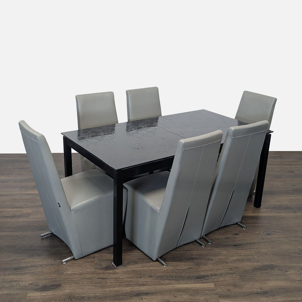 3. Angled view of Reperch dining set showing six gray chairs around a black table.